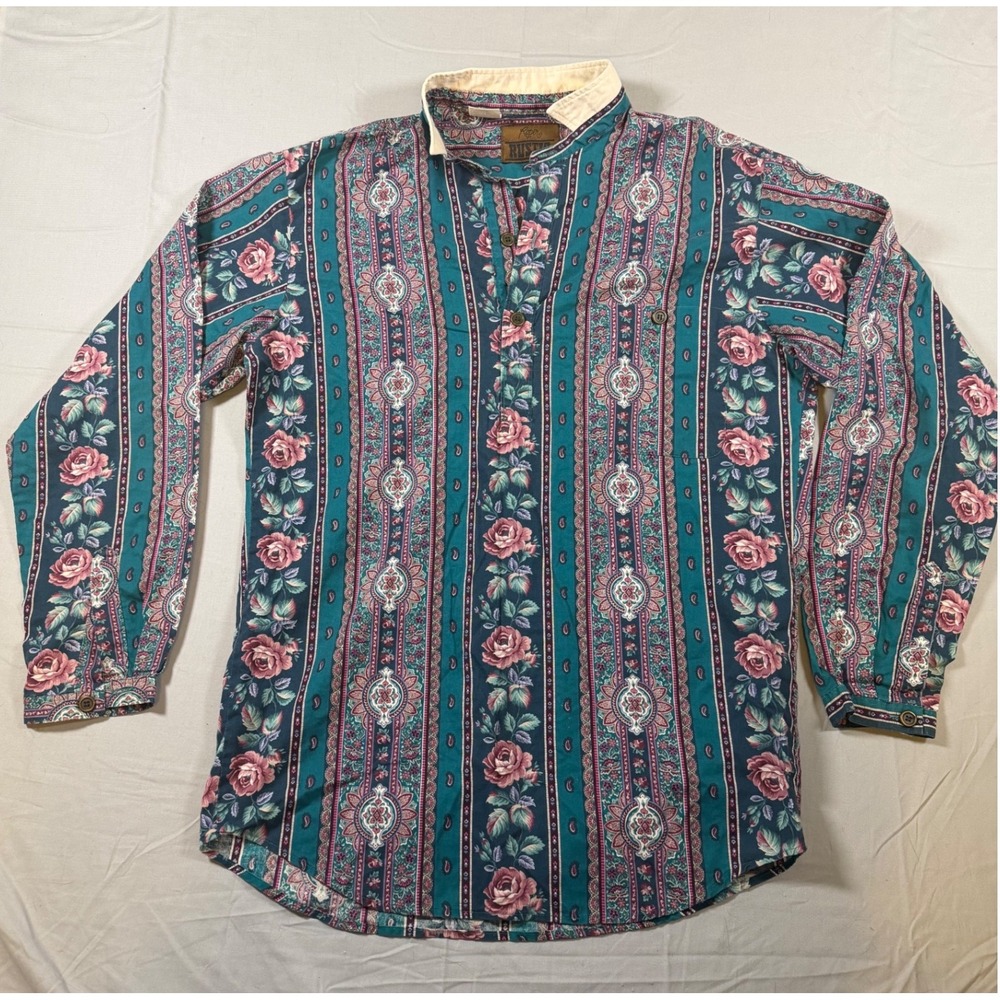 Vintage Roper Rustic Teal Floral Paisley Stripe Band Collar Shirt Mens Medium